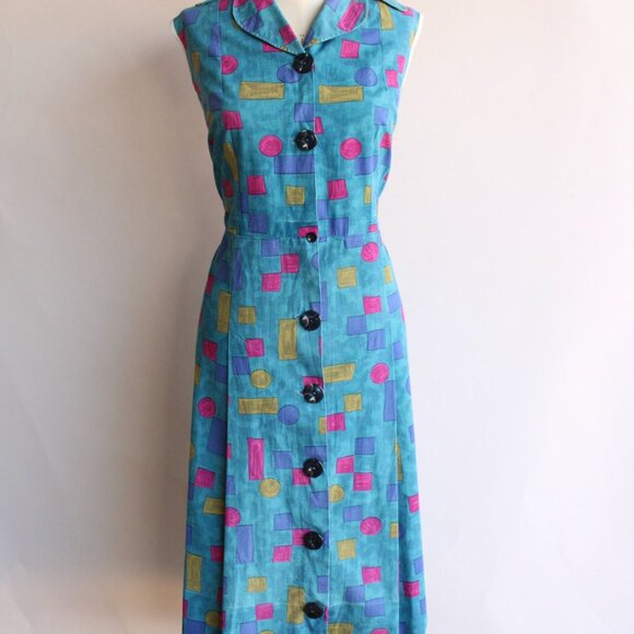 Vintage 1960s Dress, Blue Shirtwaist in Cotton, Volup Size, Geometric Shape Prin - Picture 2 of 10